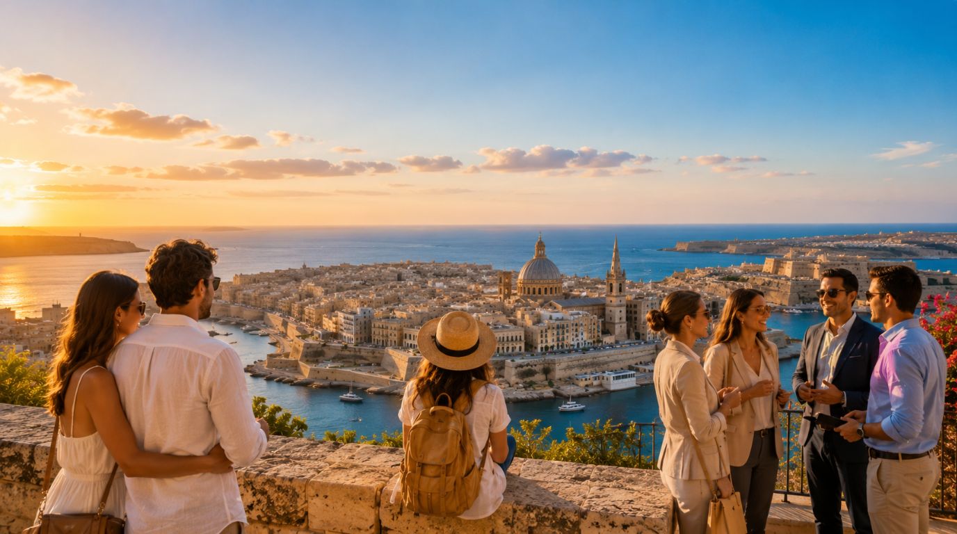 A couple and a group of travelers enjoying a scenic Malta viewpoint
